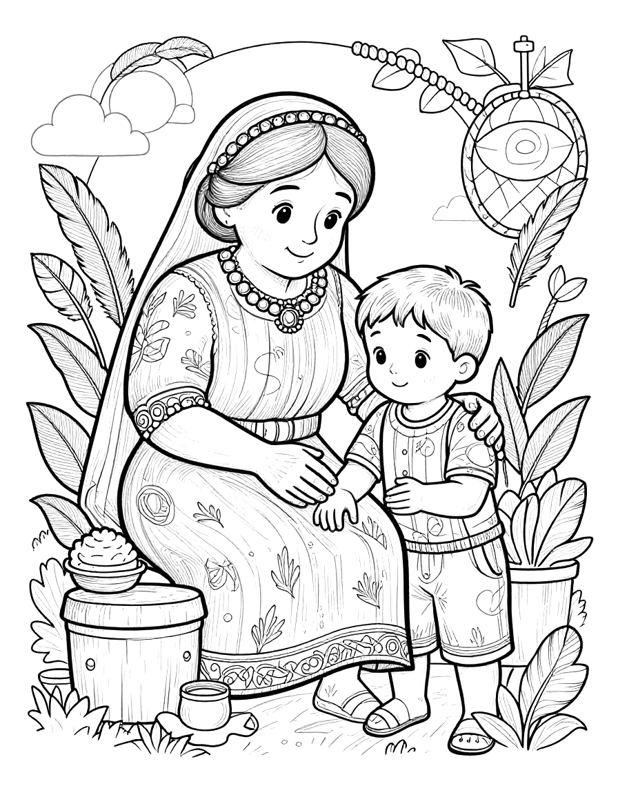 Dibujo para colorear de una abuela y su nieto colocando una foto en el altar familiar rodeados de plantas y velas.