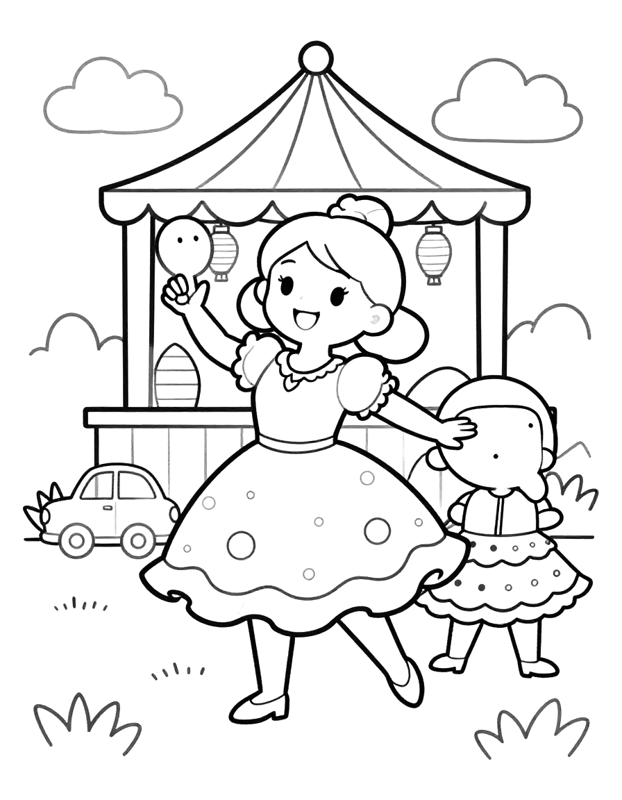 Dibujo para colorear de una niña bailando flamenco con castañuelas junto a un puesto de feria con farolillos de papel.