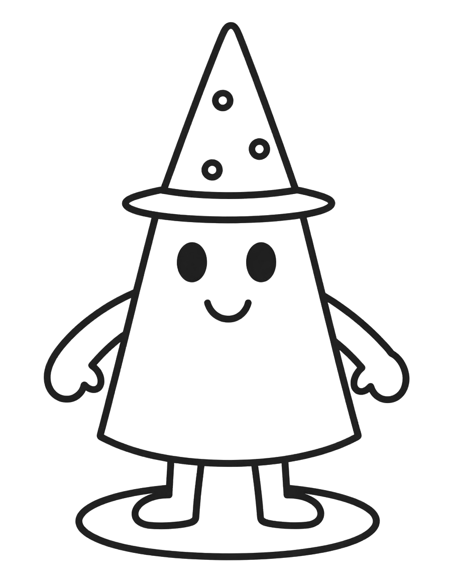 Dibujo para colorear de una falla de cartón piedra con cara sonriente, gorro de cono alto y base redonda.