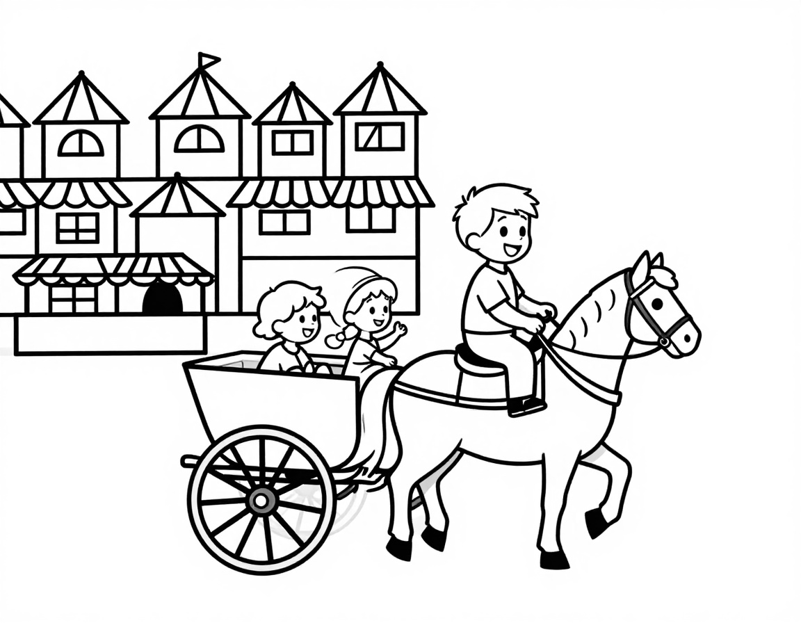 Dibujo para colorear de una familia paseando en un coche de caballos tirado por un caballo delante de las casetas de la feria de primavera