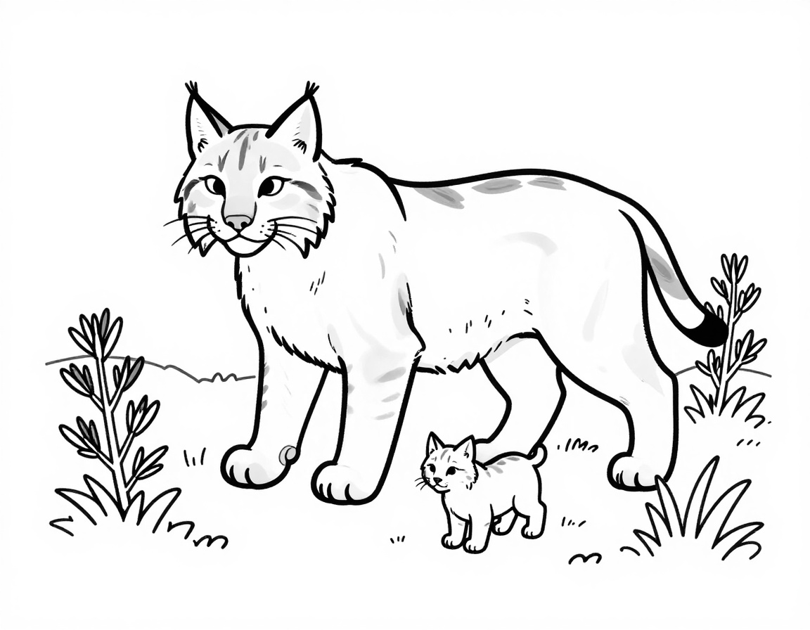 Dibujo para colorear de una madre lince ibérico caminando con dos crías entre arbustos de romero