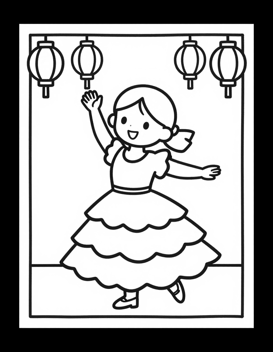 Dibujo para colorear de una niña con vestido de flamenca y castañuelas bailando en un puesto de feria con farolillos de papel