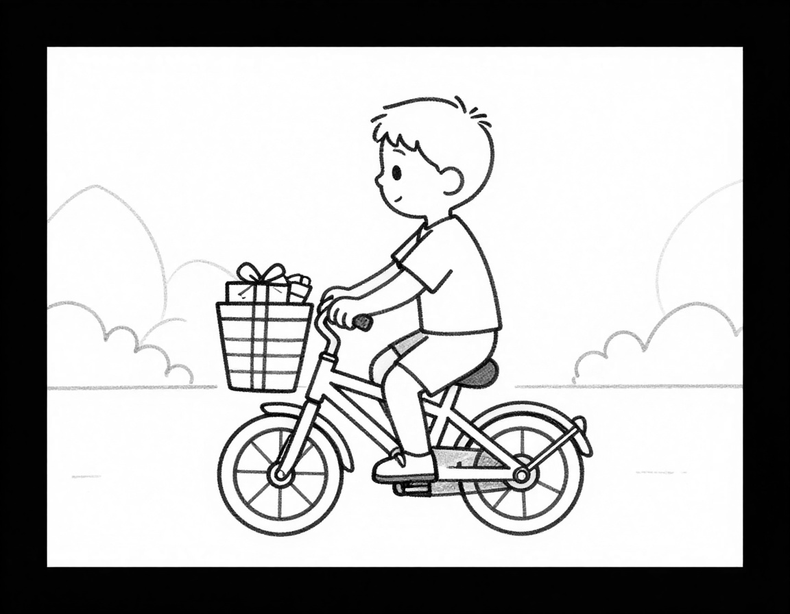Dibujo para colorear de un niño montando en bicicleta con una cesta y un regalo mientras pasea por una calle festiva