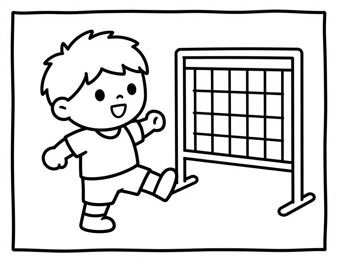 Dibujo para colorear de un niño futbolista con camiseta de banda ancha que chuta un balón hacia una portería sencilla.