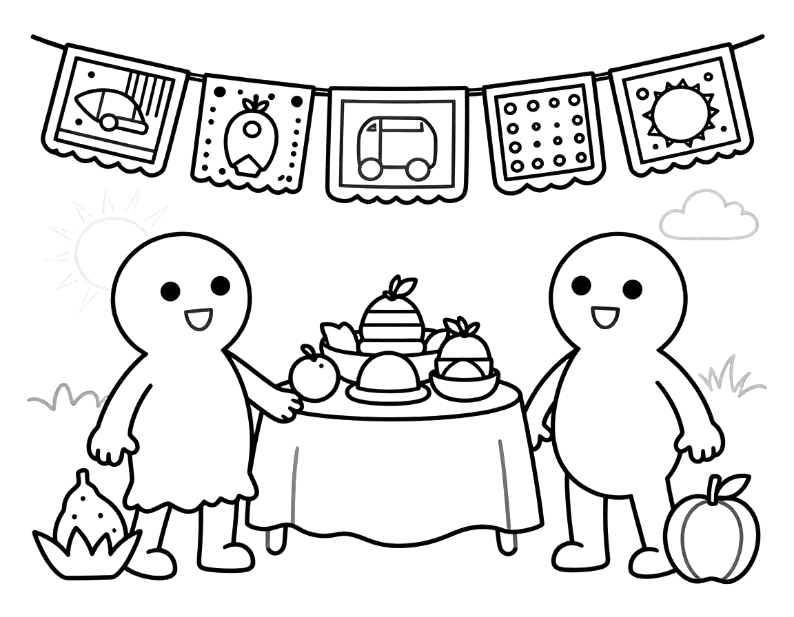 Dibujo para colorear de una ofrenda con papel picado colgando, una mesa con frutas y dos figuras sonrientes