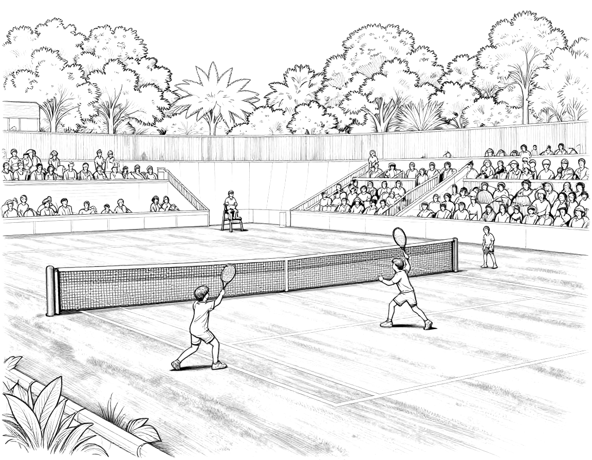Dibujo para colorear de un partido de tenis en pista de hierba con dos jugadores, red, silla de juez y gradas llenas de público.