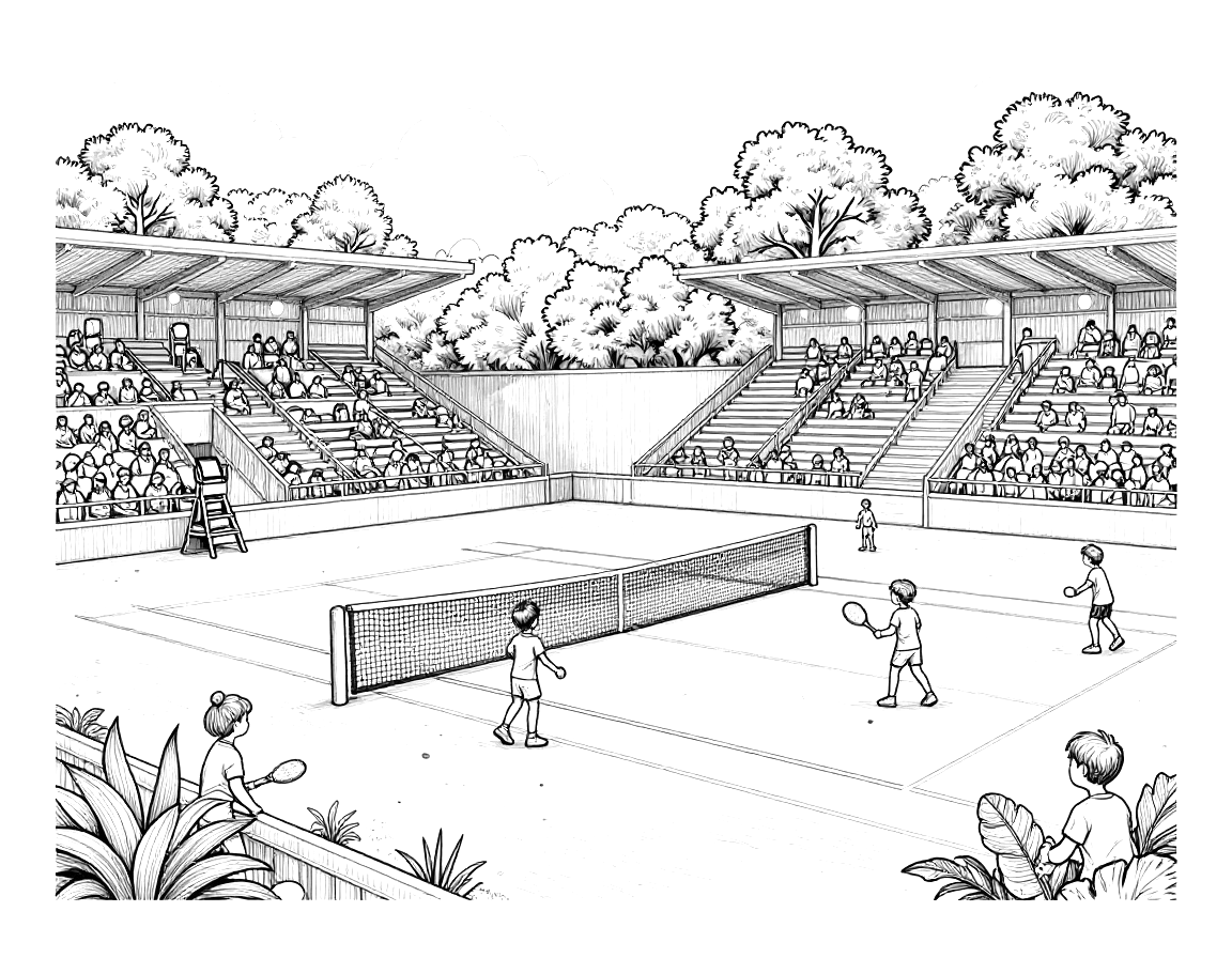 Dibujo para colorear de un partido de tenis en una pista de tierra batida con red, silla de árbitro, público en las gradas y árboles alrededor.