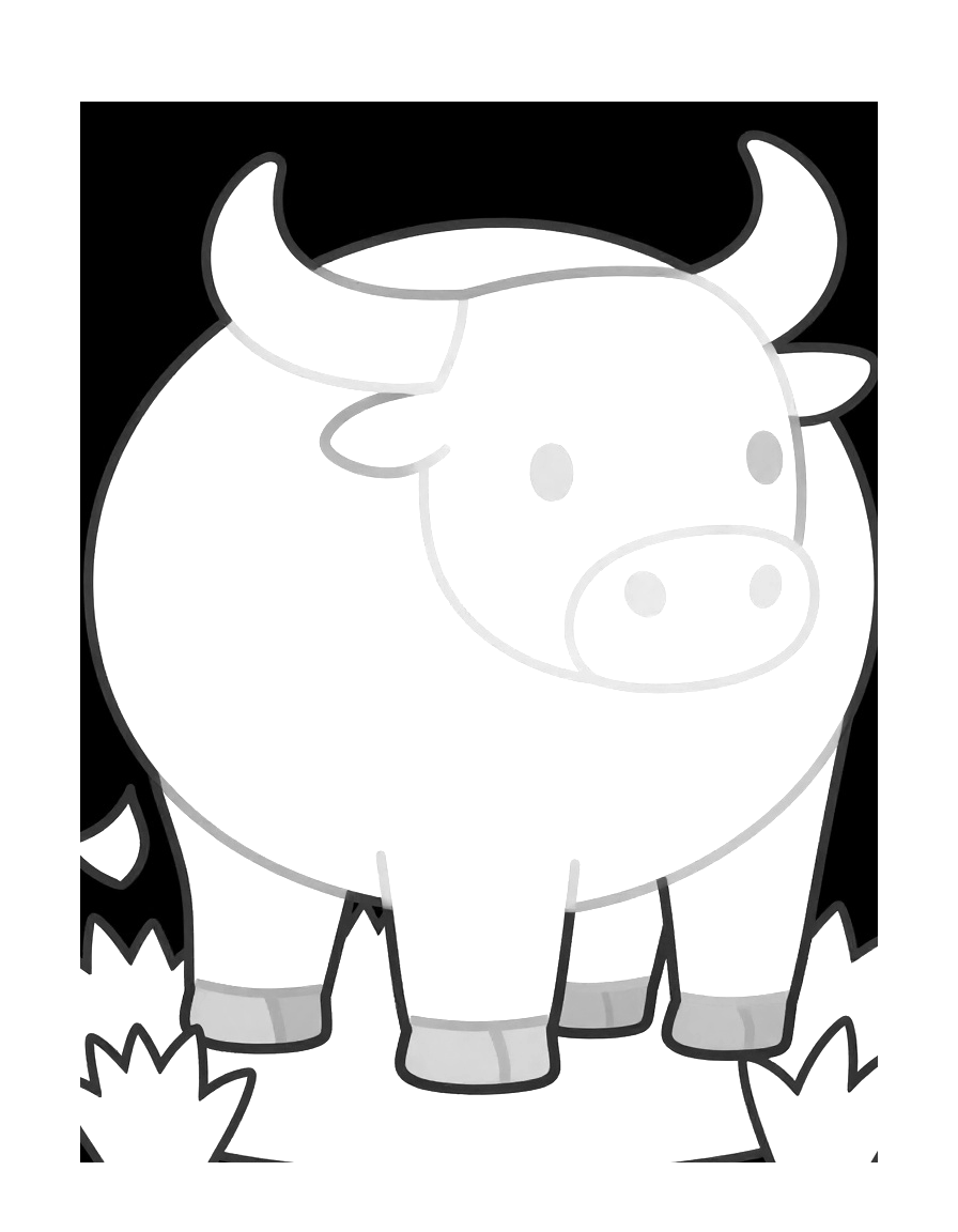Dibujo para colorear de un toro grande y redondo con cuernos pequeños y cola rizada de pie sobre la hierba