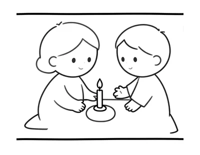 Dibujo para colorear de una abuela y un niño encendiendo juntos una vela en un altar