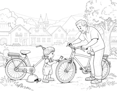 Dibujo para colorear de un abuelo y su nieto reparando una bicicleta juntos en una plaza de pueblo soleada, con herramientas, bomba y casco.