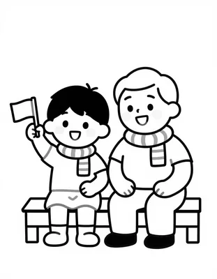Dibujo para colorear de un niño y su abuelo con bufandas de rayas sentados en la grada animando con una bandera