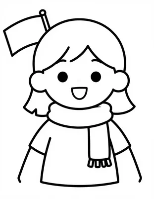Dibujo para colorear de una aficionada con bufanda y camiseta de banda ancha que anima con una bandera en un estadio lleno de banderas