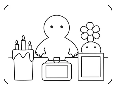 Dibujo para colorear de un altar familiar con velas encendidas, flores y marcos de fotos.