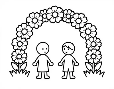 Dibujo para colorear de un arco de flores de cempasúchil sobre un camino con dos niños de pie debajo.