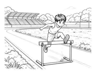 Dibujo para colorear de un atleta joven saltando una valla en una pista de atletismo con gradas y árboles al fondo