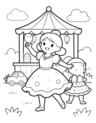 Dibujo para colorear de una niña bailando flamenco con castañuelas junto a un puesto de feria con farolillos de papel.