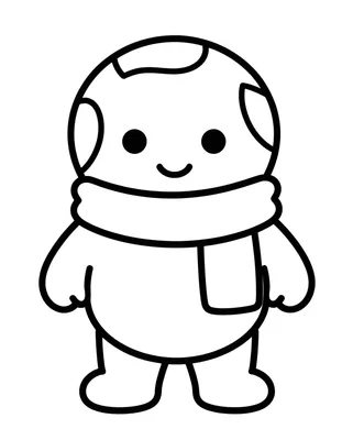 Dibujo para colorear de un balón de fútbol sonriente con una bufanda alrededor, con formas grandes y líneas gruesas.