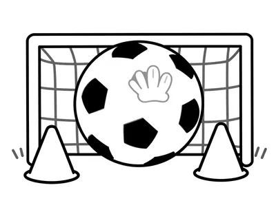 Dibujo para colorear de un balón de fútbol grande dentro de una portería con red y dos conos sobre el césped