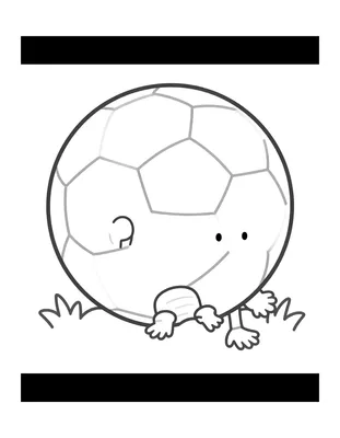 Dibujo para colorear de un balón de fútbol grande y sonriente sobre un montículo de césped con una bufanda pequeña al lado.