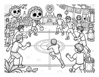 Dibujo para colorear de un partido de balonmano en una plaza decorada para el Día de Muertos, con jugadores, papel picado y velas