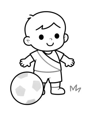 Dibujo para colorear de un bebé sonriente con camiseta de banda diagonal junto a un balón de fútbol grande sobre el césped
