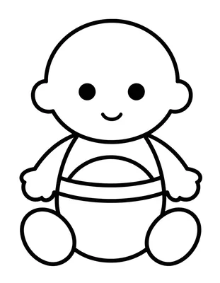 Dibujo para colorear de un bebé sonriente sentado sobre un balón, con una camiseta de banda ancha horizontal.