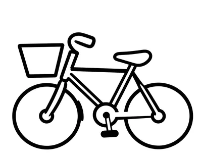 Dibujo para colorear de una bicicleta sencilla vista de lado, con dos ruedas redondas, pedales y una cesta delantera.