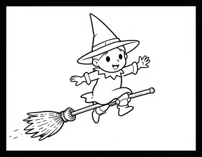 Dibujo para colorear de una bruja simpática con sombrero puntiagudo que vuela en su escoba sobre los tejados.
