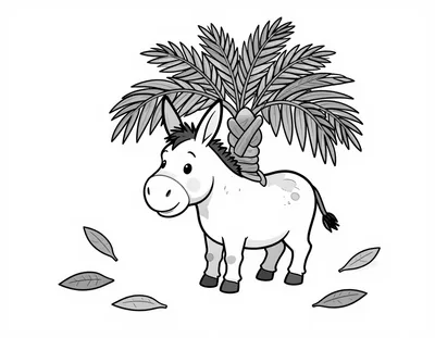 Dibujo para colorear de un burro simpático que lleva ramas de palma y camina entre hojas en el Domingo de Ramos