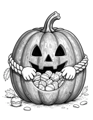 Dibujo para colorear de una calabaza de Halloween sonriente que sostiene una bolsa de dulces y caramelos.