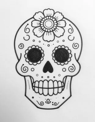 Dibujo para colorear de una calavera de azúcar decorada con una flor grande, espirales y detalles florales.