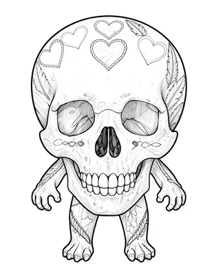 Dibujo para colorear de una calavera decorada con corazones y hojas en estilo de arte folclórico, con detalles finos y muchas zonas pequeñas.