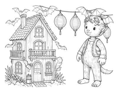 Dibujo para colorear de una casa decorada con murciélagos de papel y farolillos colgantes, junto a un personaje con orejas de murciélago