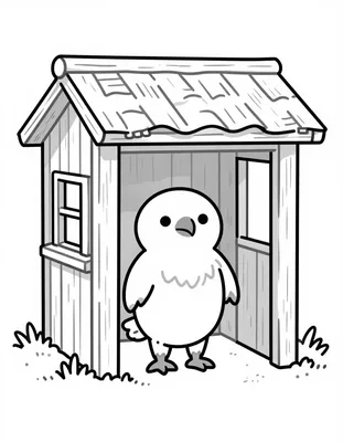 Dibujo para colorear de un cóndor de pie junto a una cabaña de madera andina con una pequeña manta tejida.