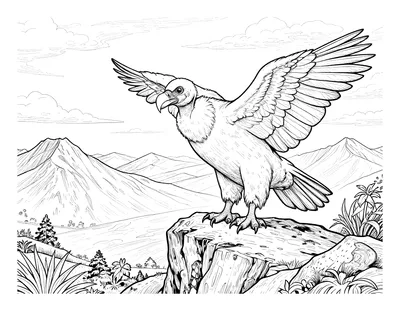 Dibujo para colorear de un cóndor con las alas abiertas sobre un risco andino, con montañas y nubes al fondo