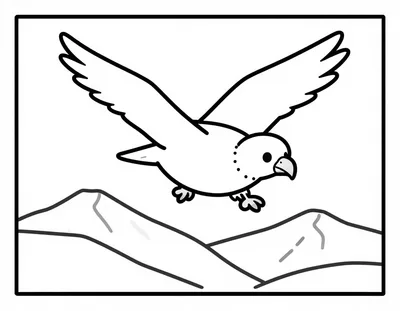 Dibujo para colorear de un cóndor amistoso con las alas abiertas volando sobre montañas nevadas de los Andes