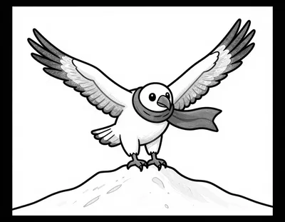 Dibujo para colorear de un cóndor amistoso con una bufanda ondeando al viento, posado sobre la cima de una montaña nevada.