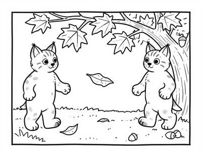Dibujo para colorear de dos crías de lince ibérico jugando con hojas de otoño bajo un alcornoque con bellotas