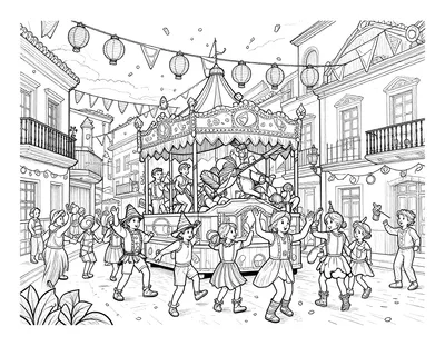 Dibujo para colorear de un desfile de Carnaval de noche con niños disfrazados bailando junto a una carroza decorada, farolillos y confeti.