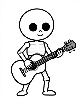 Dibujo para colorear de un esqueleto sonriente que toca una guitarra pequeña