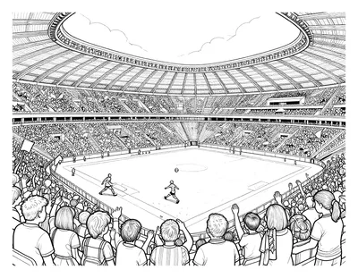 Dibujo para colorear de un estadio lleno de noche con un jugador chutando el balón y la afición animando.
