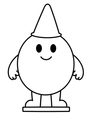 Dibujo para colorear de una falla de cartón piedra con cara sonriente y un alto gorro de cono sobre una plataforma de madera.