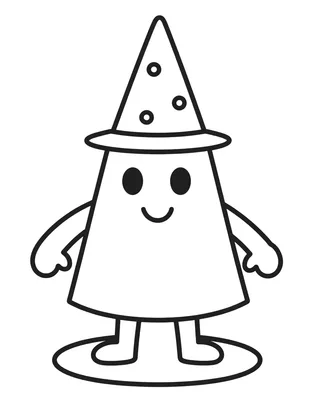 Dibujo para colorear de una falla de cartón piedra con cara sonriente, gorro de cono alto y base redonda.