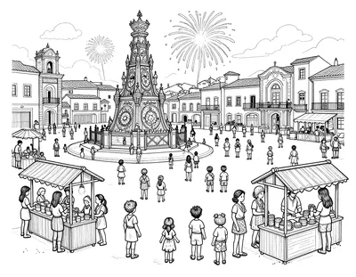 Dibujo para colorear de una plaza con una falla monumental, fuegos artificiales y puestos de feria durante las Fallas