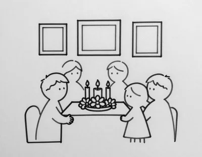 Dibujo para colorear de una familia sentada alrededor de un altar con velas, flores y marcos de fotos colgados en la pared.