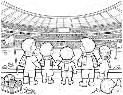 Dibujo para colorear de una familia con bufandas de rayas viendo un partido de fútbol desde la grada de un estadio, con banderas, bandejas de comida y un balón en el campo.