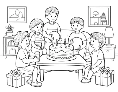 Dibujo para colorear de una familia celebrando un cumpleaños en el salón, con tarta, velas, regalos y un niño con camiseta de banda ancha sosteniendo un balón.