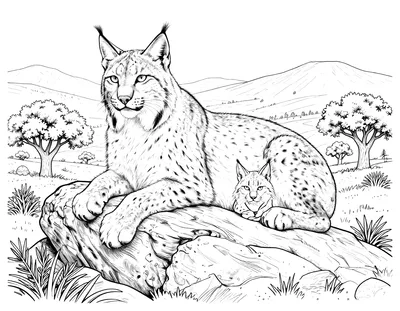 Dibujo para colorear de una familia de linces ibéricos descansando sobre una roca en una dehesa mediterránea con encinas y colinas al fondo.