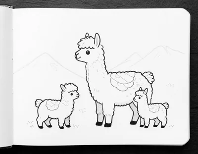 Dibujo para colorear de una llama adulta con dos crías caminando entre montañas de los Andes