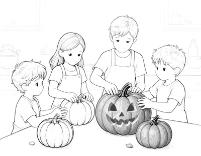 Dibujo para colorear de una familia tallando calabazas juntos en la mesa de la cocina